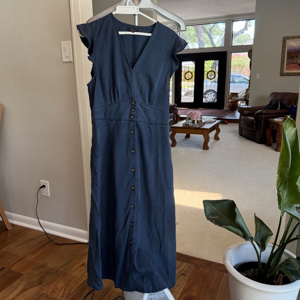 Quince Women's Vintage Blue Wash Tencel Button Front Midi Dress Large